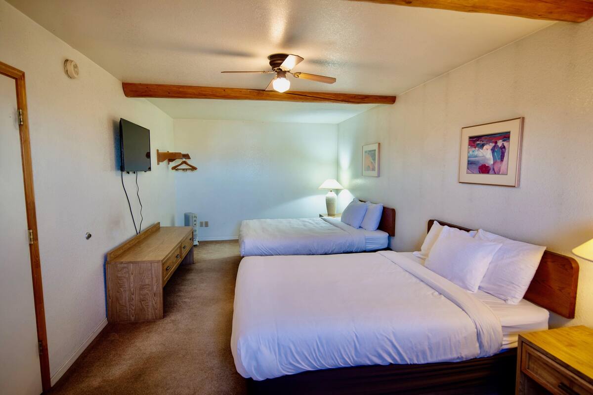 A bedroom with two beds, a ceiling fan, a TV, and a wooden dresser.