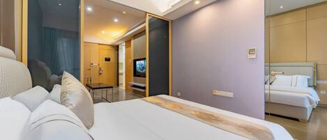 A modern hotel room with a large bed, a TV, and a separate sleeping area.