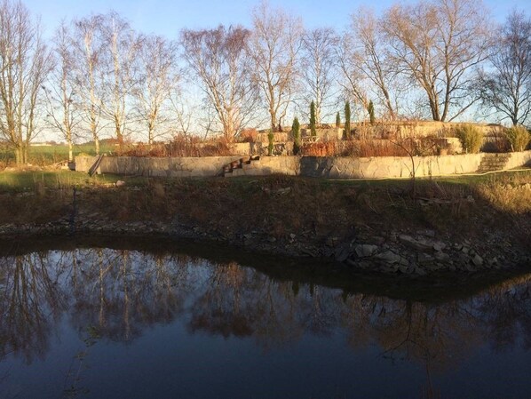 Escena tranquila junto al río, con un muro de piedra y árboles desnudas reflejándose en el agua.