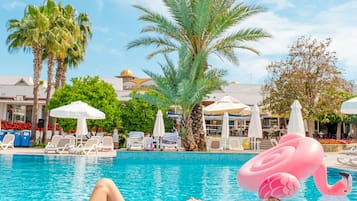 Seasonal outdoor pool, pool umbrellas, pool loungers