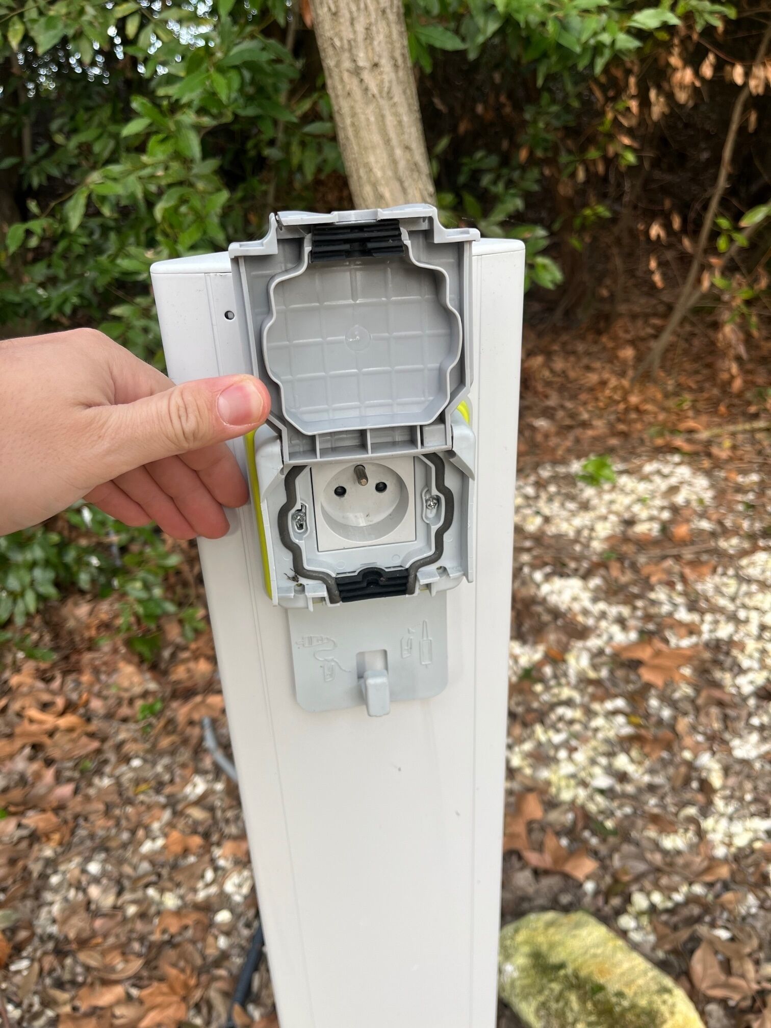 A utility box with a hand pointing at it, surrounded by foliage.