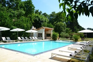 Outdoor pool, pool umbrellas, pool loungers