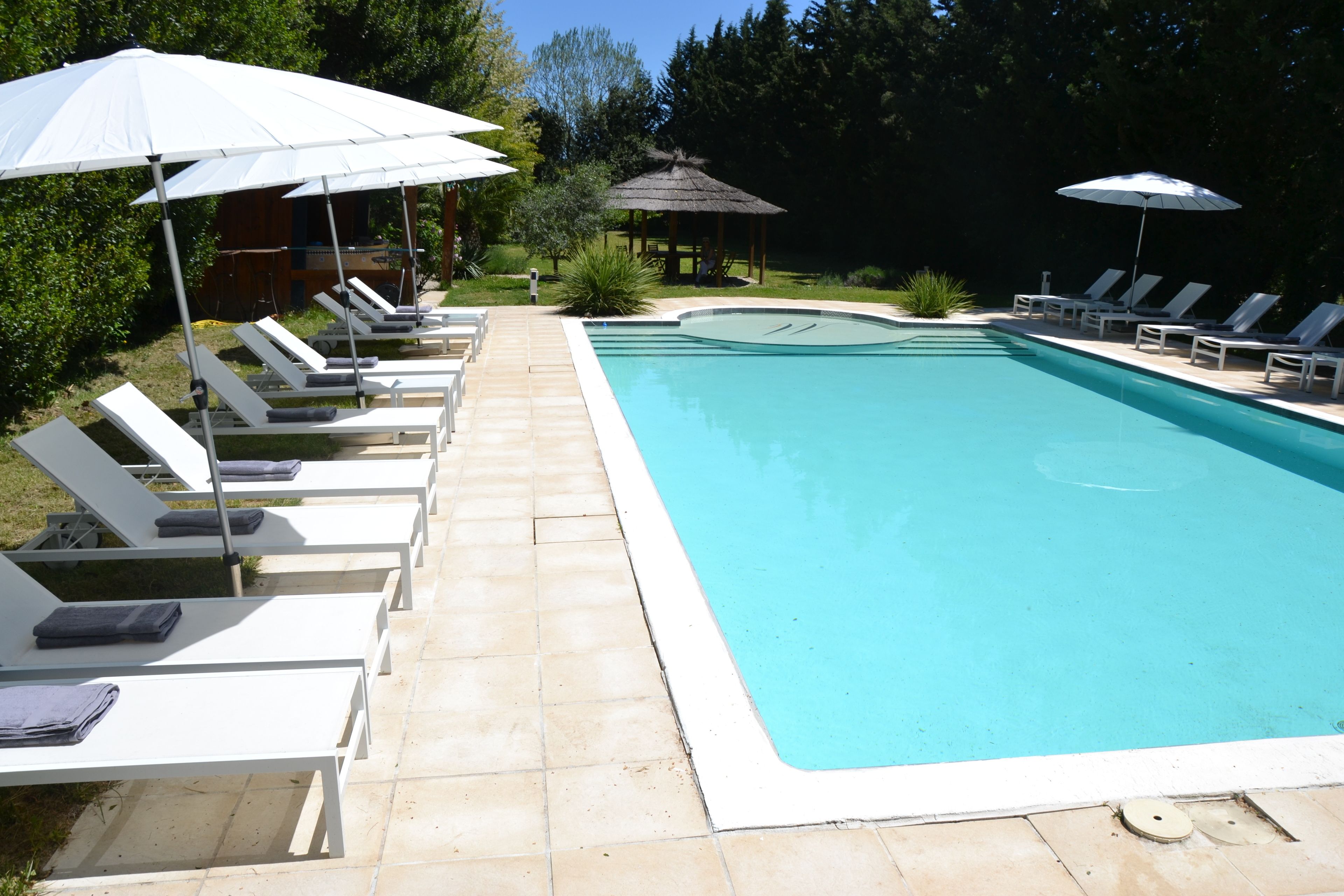 Piscina con sillas de descanso blancas y sombrillas, rodeada de follaje.