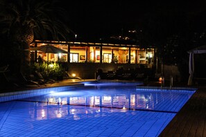 Seasonal outdoor pool, pool umbrellas, pool loungers