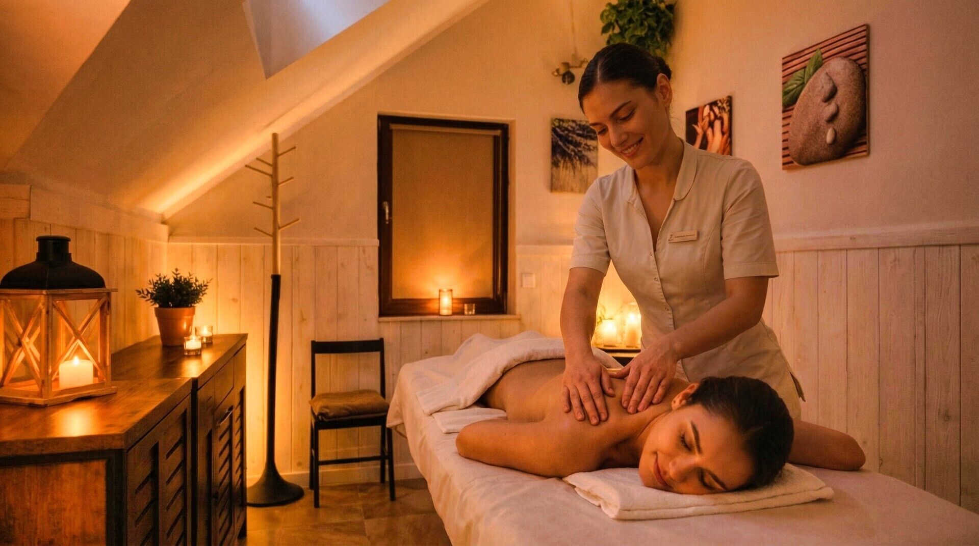 A massage therapy room with a wooden floor, a massage table, a chair, a small table with a candle, and a wall-mounted mirror.