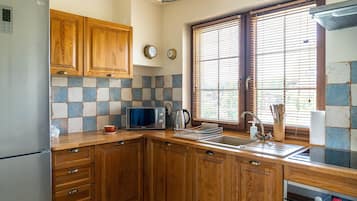 Full-size fridge, cleaning supplies, paper towels