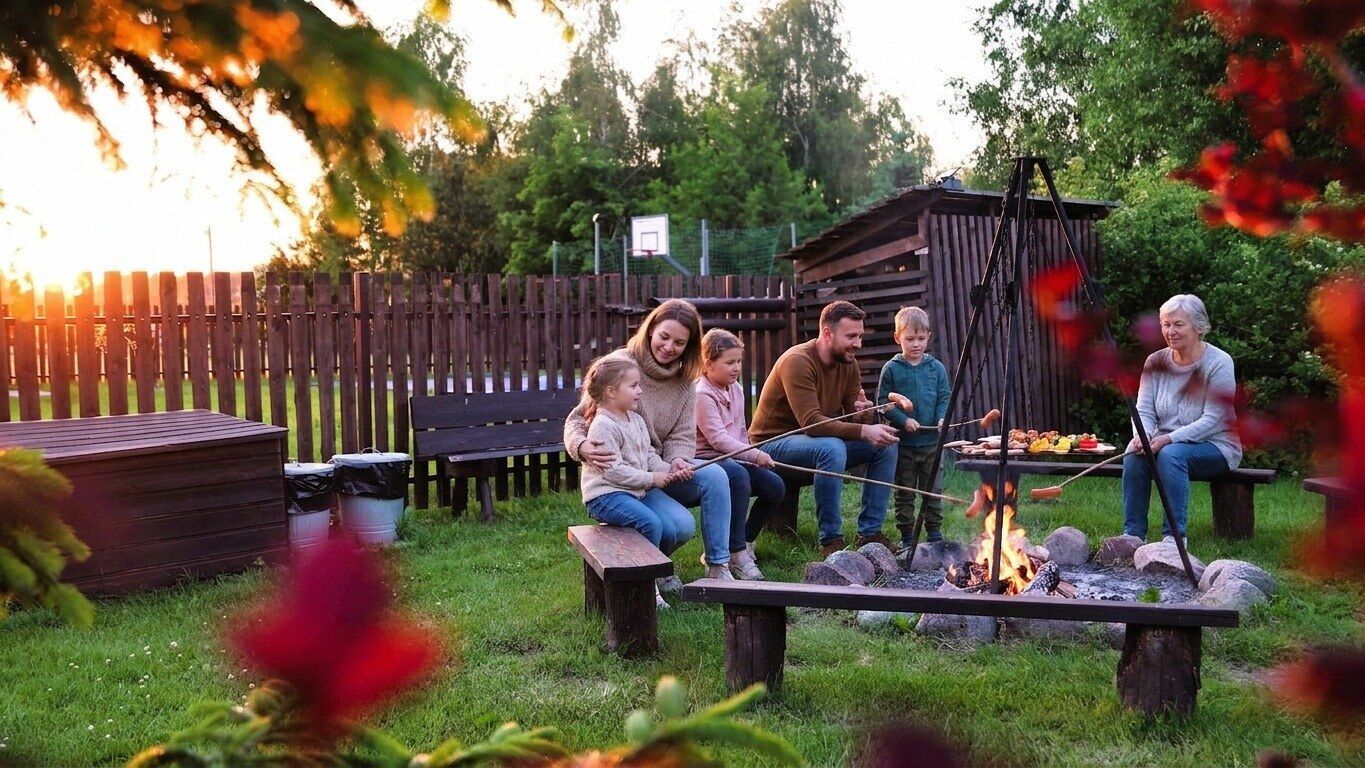 A group of people gathered around a campfire in an outdoor setting with a wooden fence and trees in the background.