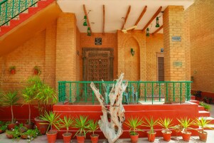 A building entrance with a wooden door, potted plants, and a green railing.