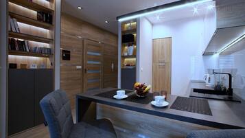 Comfort Apartment, Balcony, Courtyard View | Private kitchen | Fridge, microwave, oven, stovetop