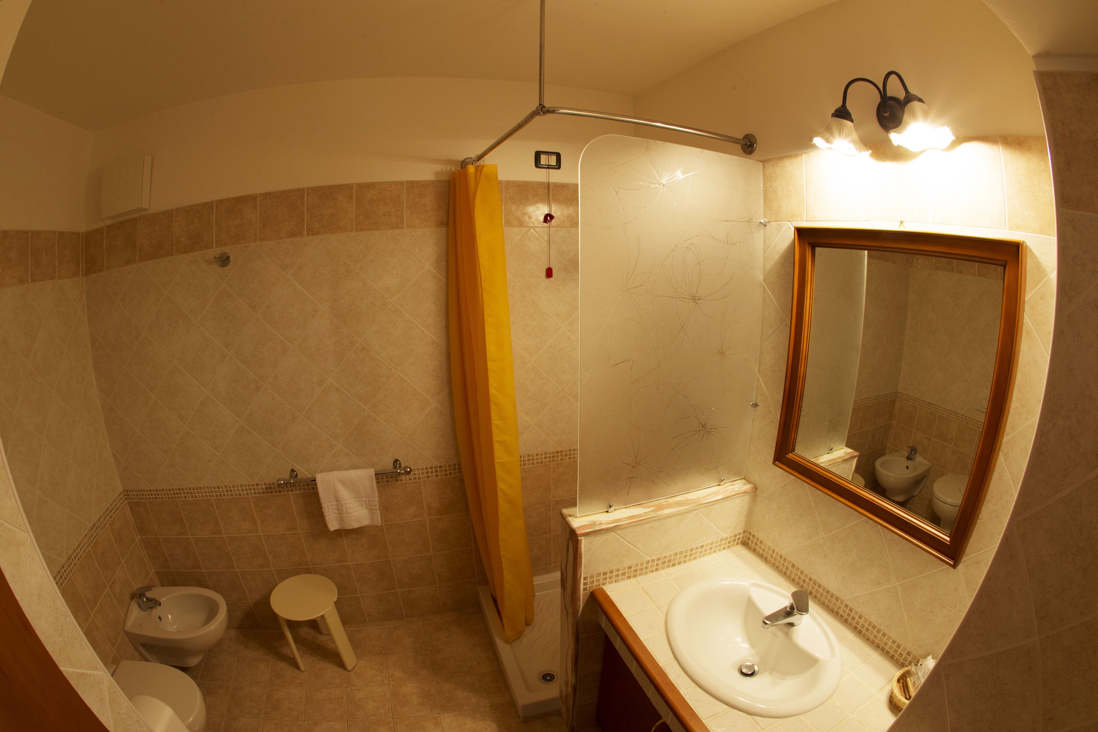 A bathroom with a shower, two sinks, a toilet, and a mirror.