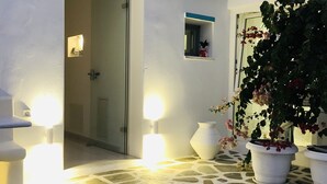 Una entrada con suelo de losas de piedra, pared blanca y detalles en azul. Se observan dos luces empotradas en la pared y una planta en maceta con flores rojas.
