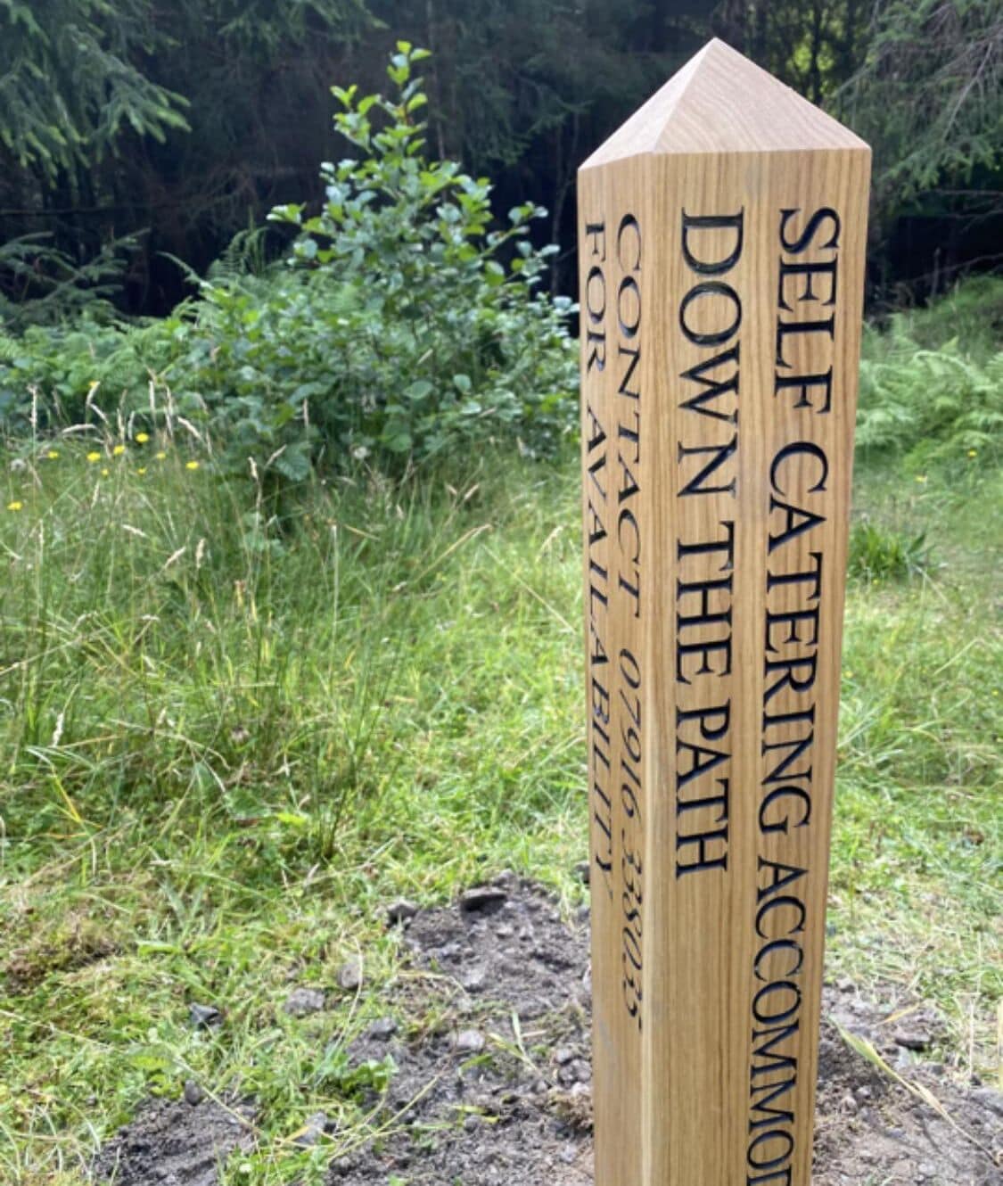 A wooden sign with the text "SELF CATERING ACCOMMODATION" and "CONTACT 0791 335 033" against a natural backdrop.