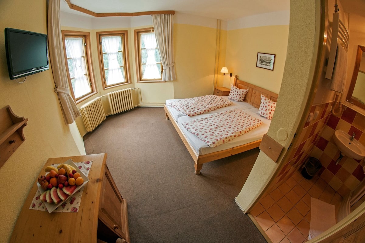 A bedroom with a double bed, a bedside table, a lamp, a TV, and a window with curtains.
