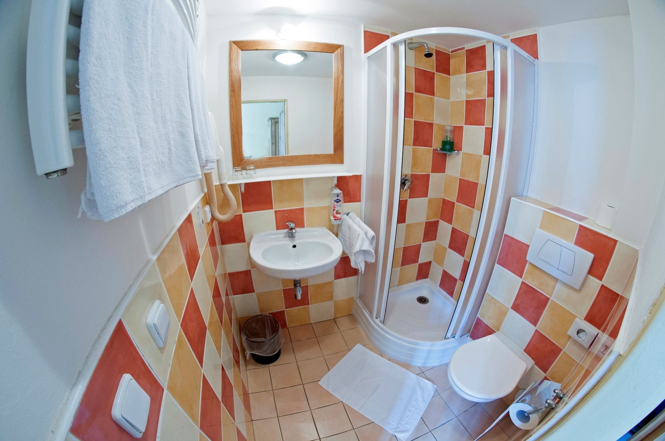 Un baño con lavamanos, inodoro y ducha.