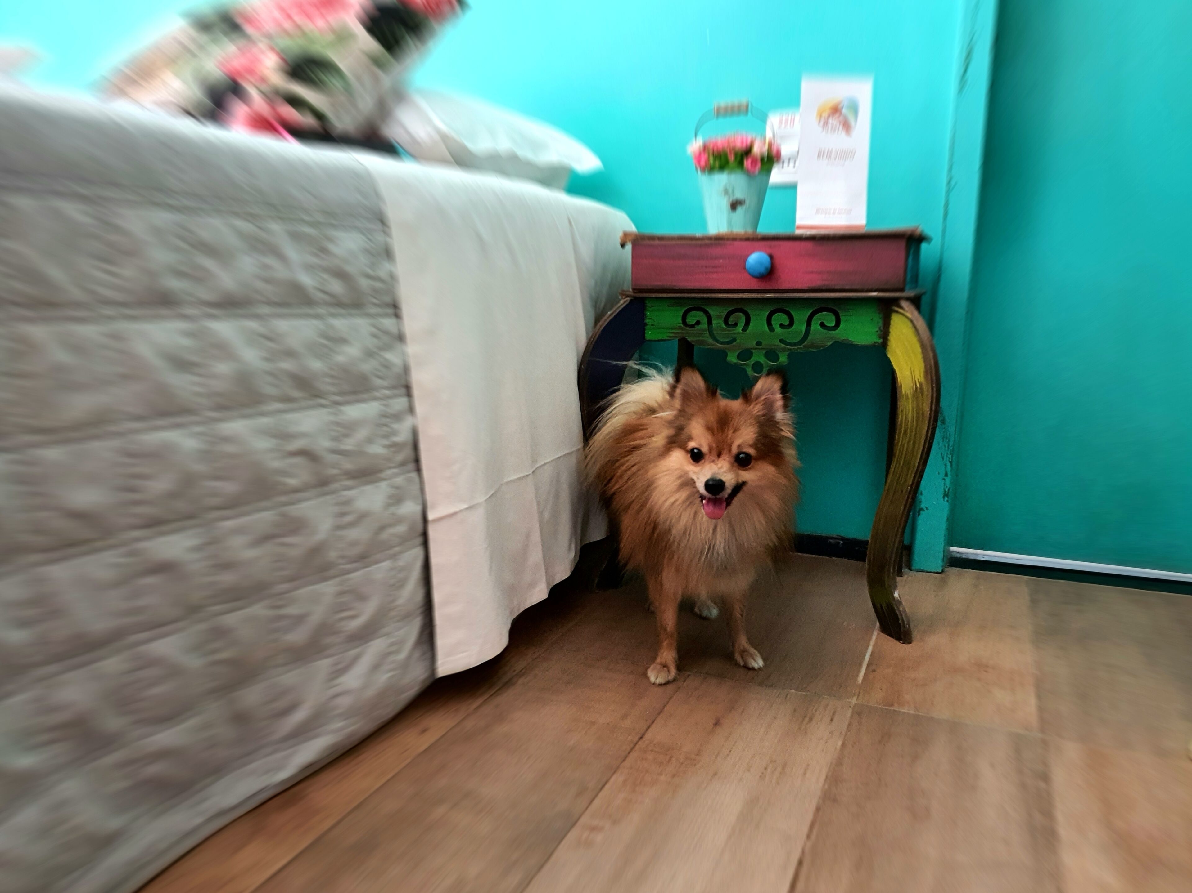 Una habitació amb un llit, una taula petita amb un ram de flors i un paviment de fusta.