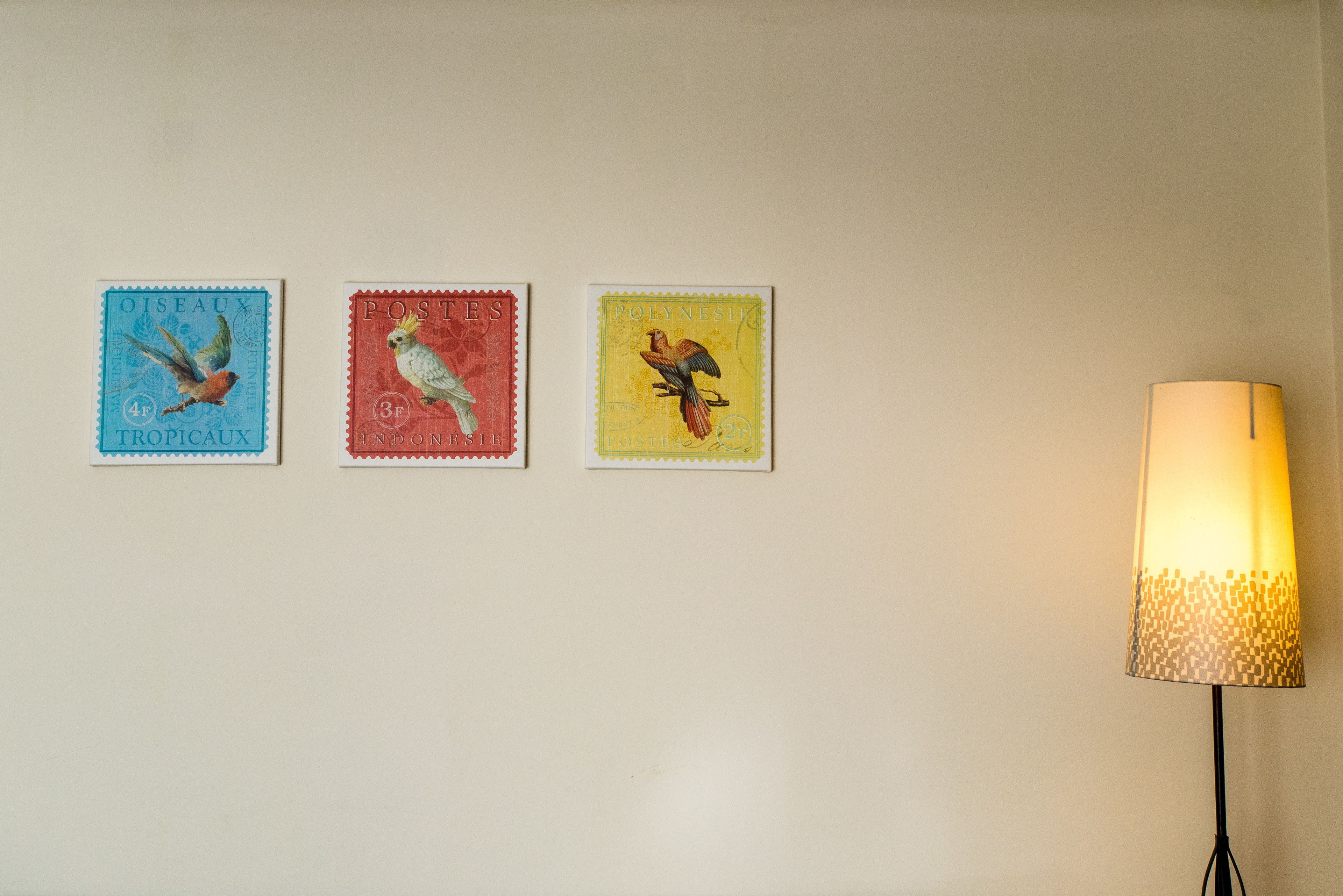 Tres sellos postales con ilustraciones de aves sobre una pared.