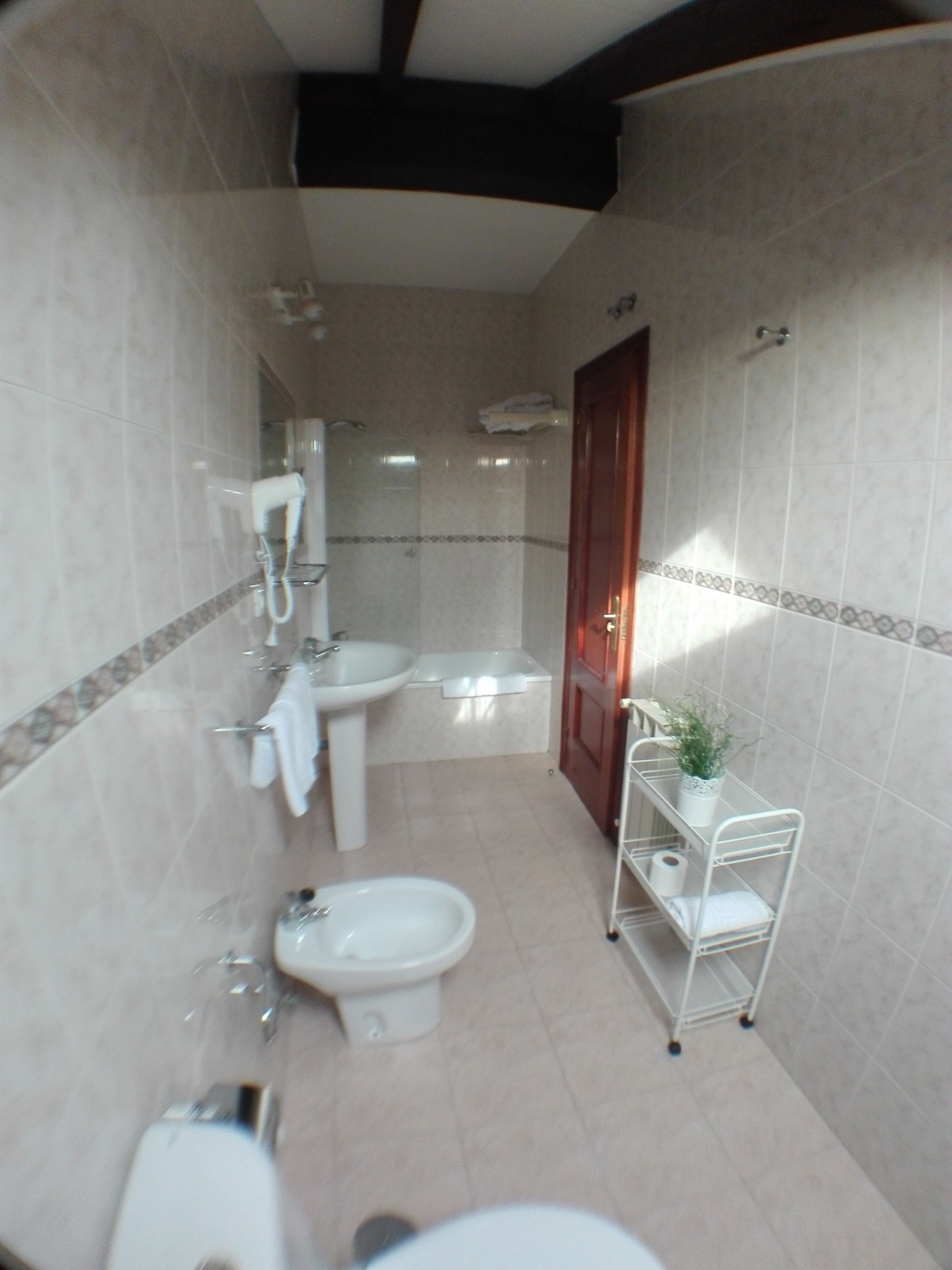 A bathroom with a toilet, bidet, sink, and shower. There is a towel rack and a small shelf with a plant.