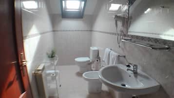 A bathroom with a skylight, two toilets, a sink, and a shower.