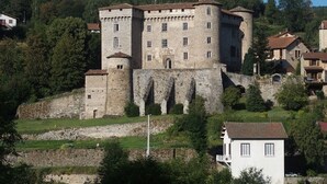 Un castillo de piedra histórico con múltiples torres y un muro fortificado, rodeado de vegetación exuberante y edificios residenciales.