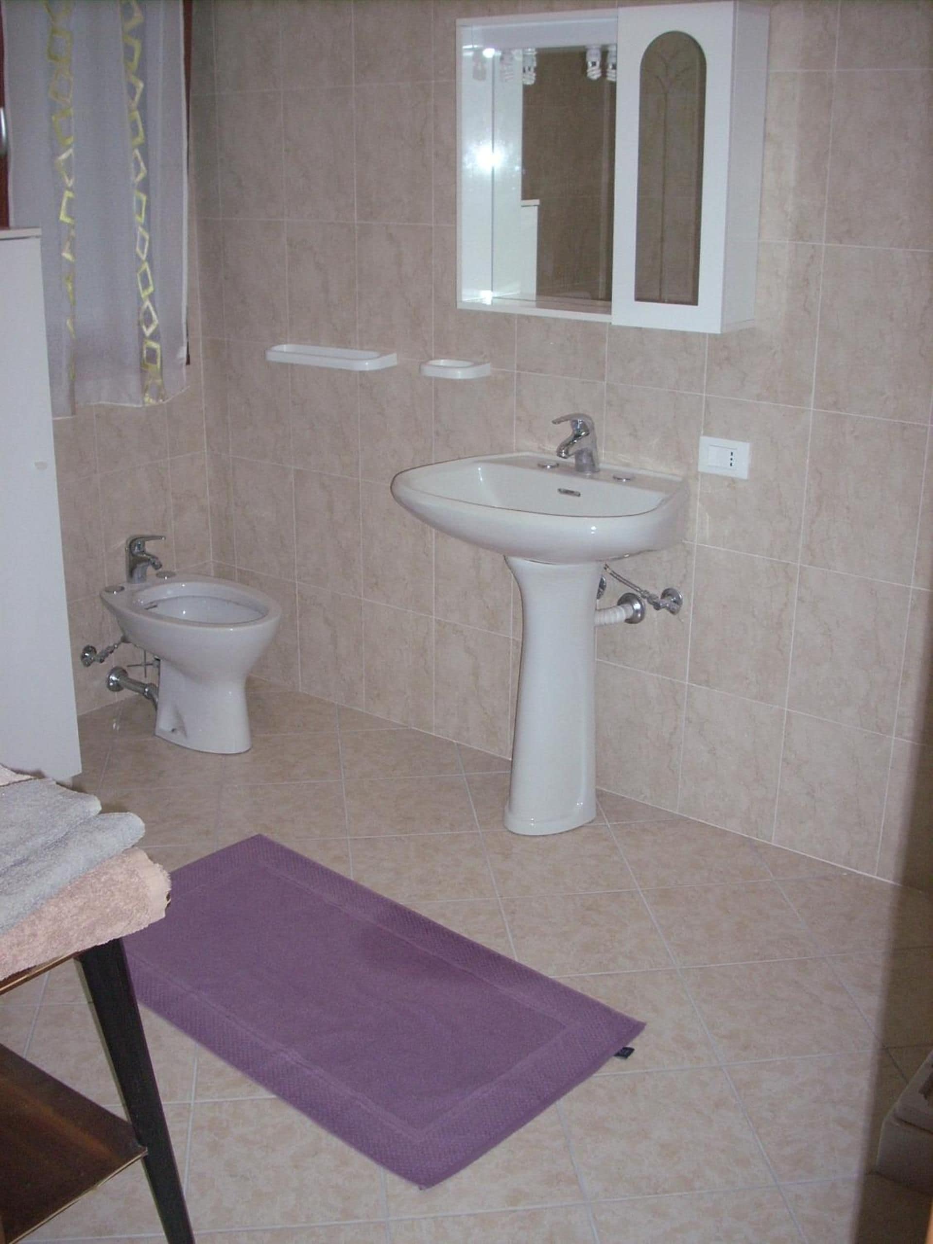 A bathroom with a pedestal sink, a bidet, and a mirror above the sink.