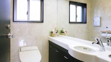 A modern bathroom with a toilet, a sink, and a mirror. There are two windows providing natural light.