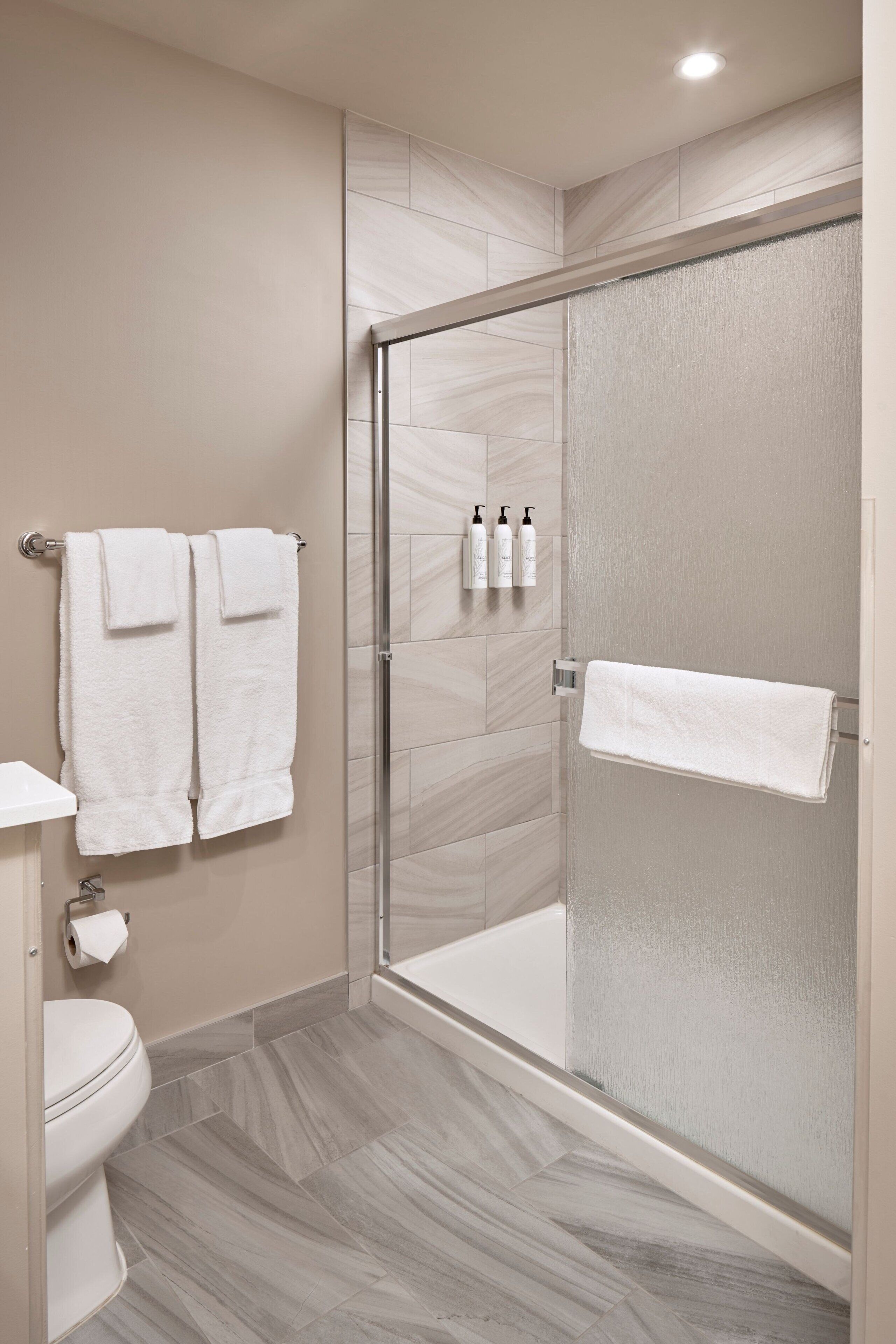 A modern bathroom with a glass-enclosed shower, a toilet, and a sink.