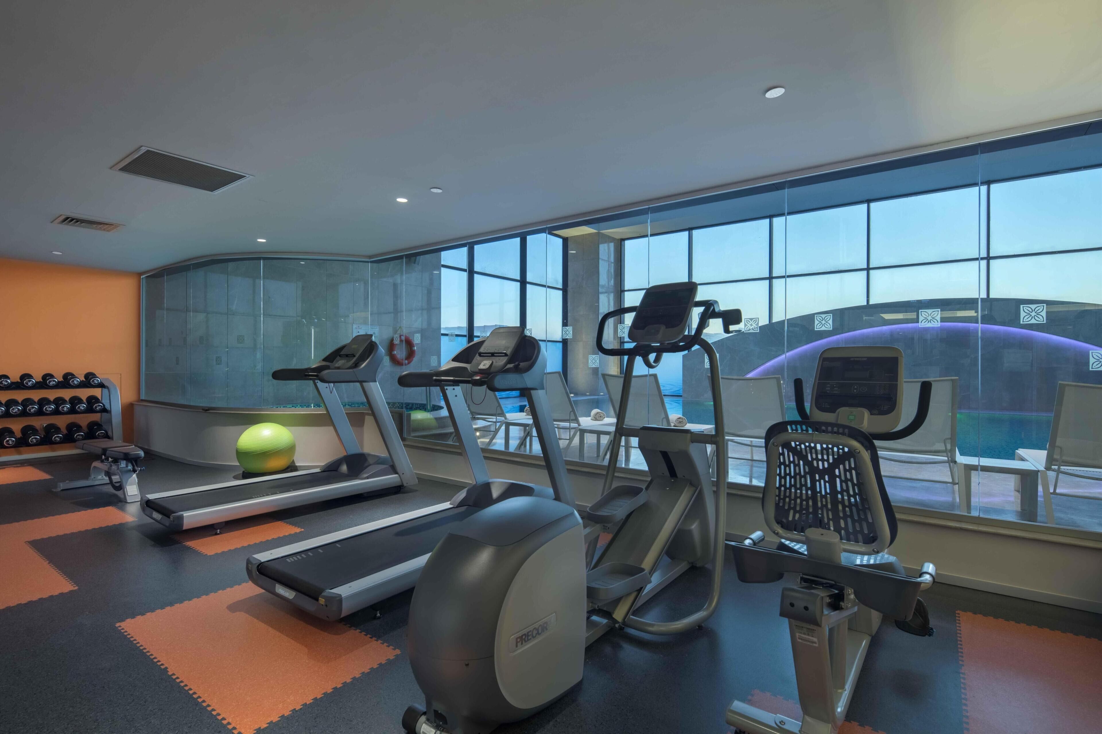 Une salle de sport équipée de tapis de course, d’un vélo elliptique et d’un rameur, avec une grande fenêtre donnant sur un immeuble.
