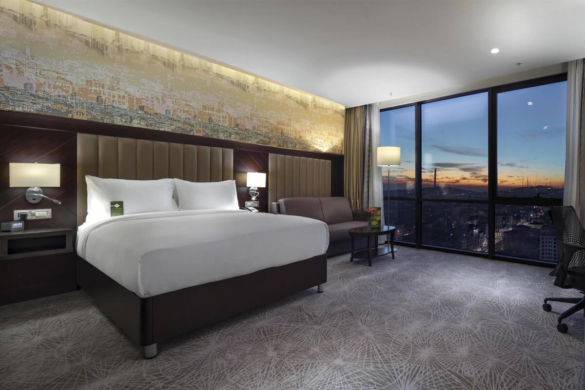 A hotel room with a large bed, a desk, a TV, and a view of the cityscape.