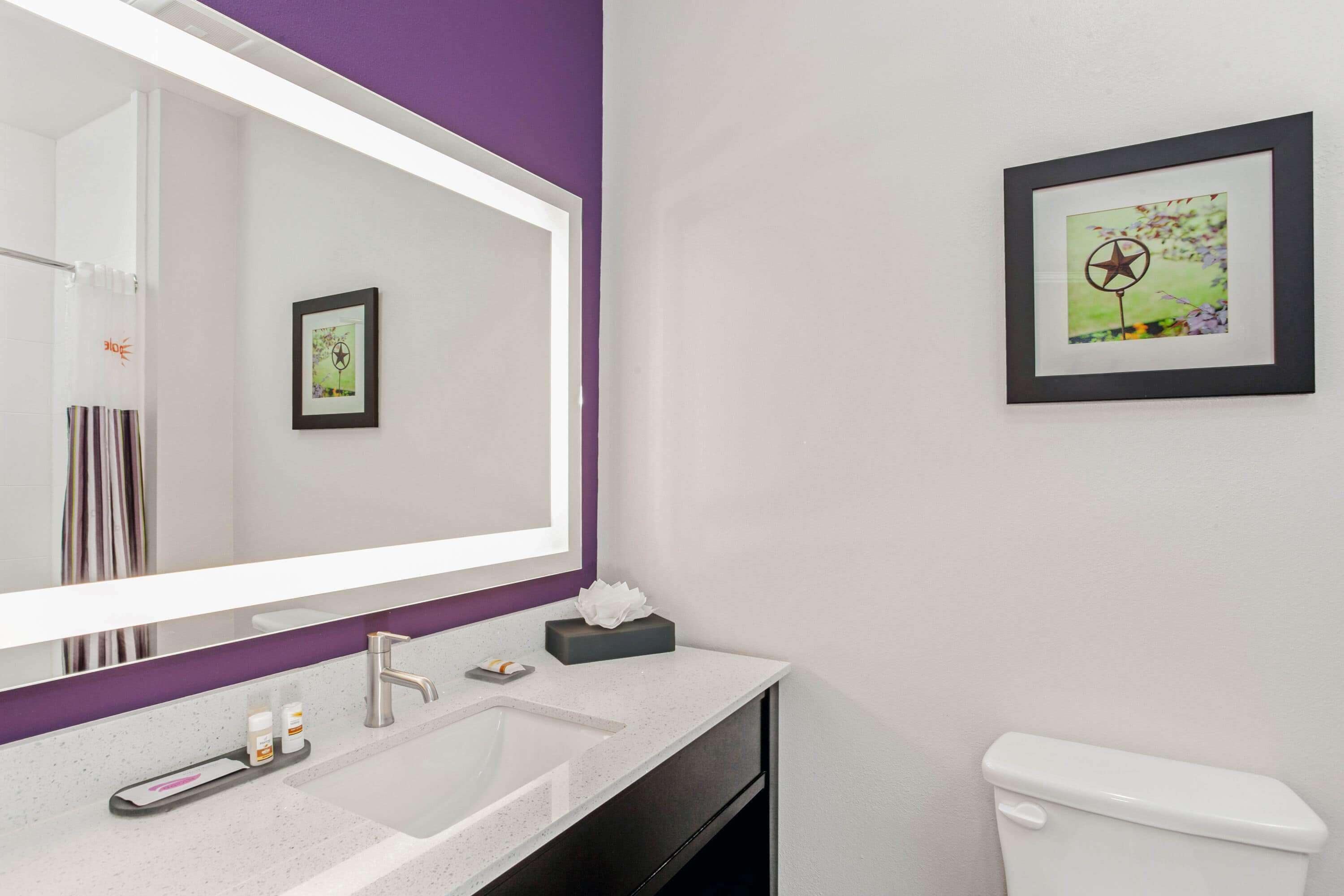 Een badkamer met een witte wastafel, een grote spiegel, een paarse muur, een lijst met een afbeelding en een toilet.