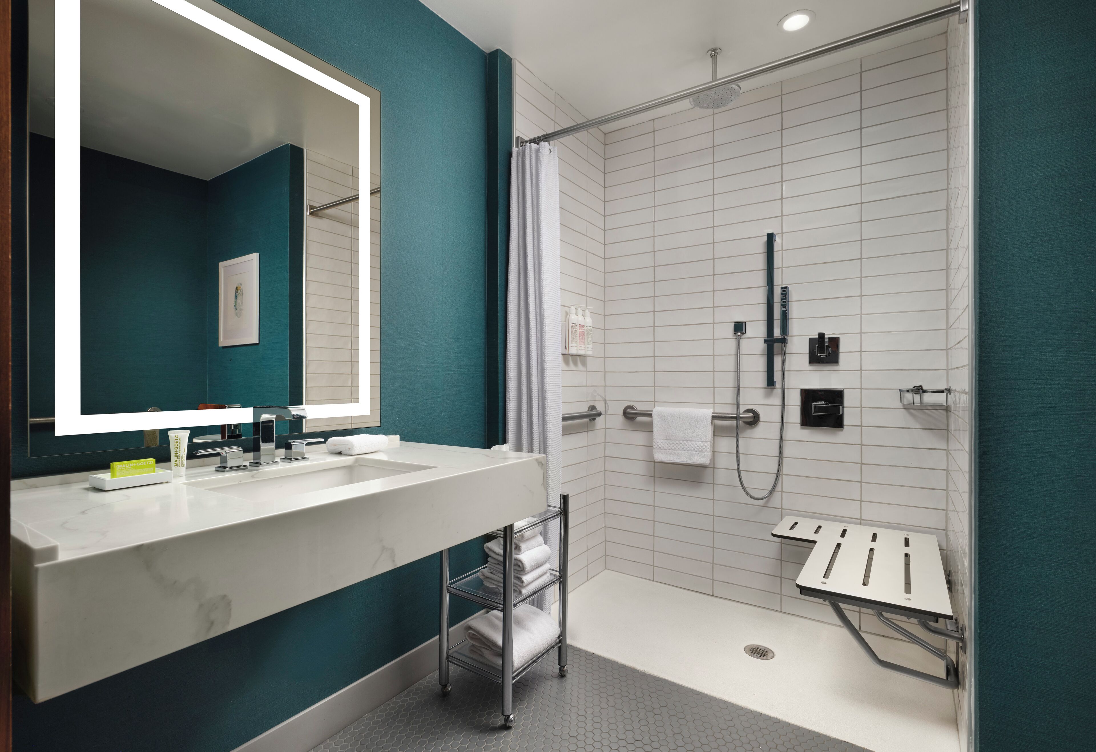 room, 1 king bed (mobility/hearing access, roll-in shwr) | bathroom | shower, rainfall showerhead, designer toiletries, hair dryer