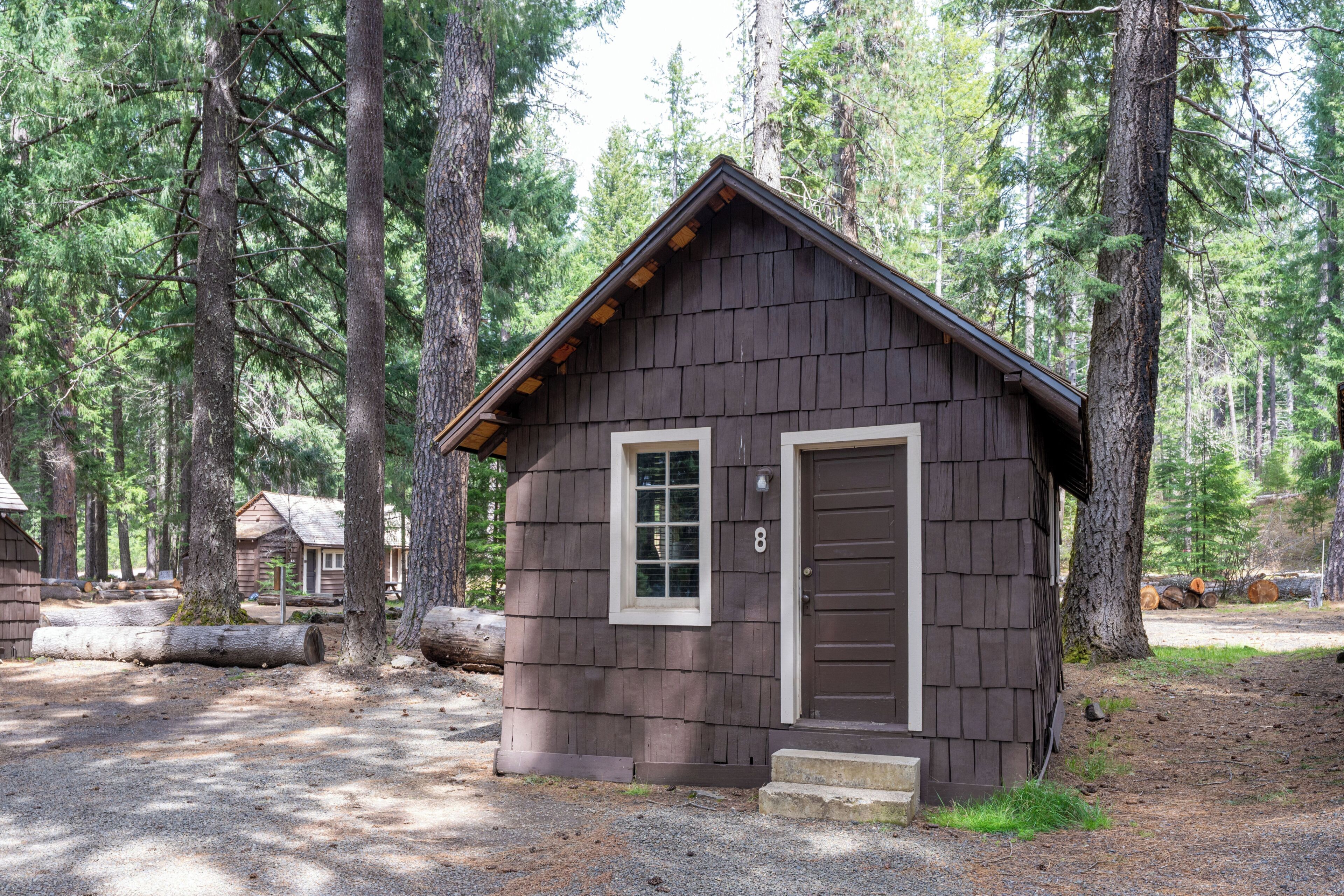 A small cabin with a door and window, surrounded by trees.