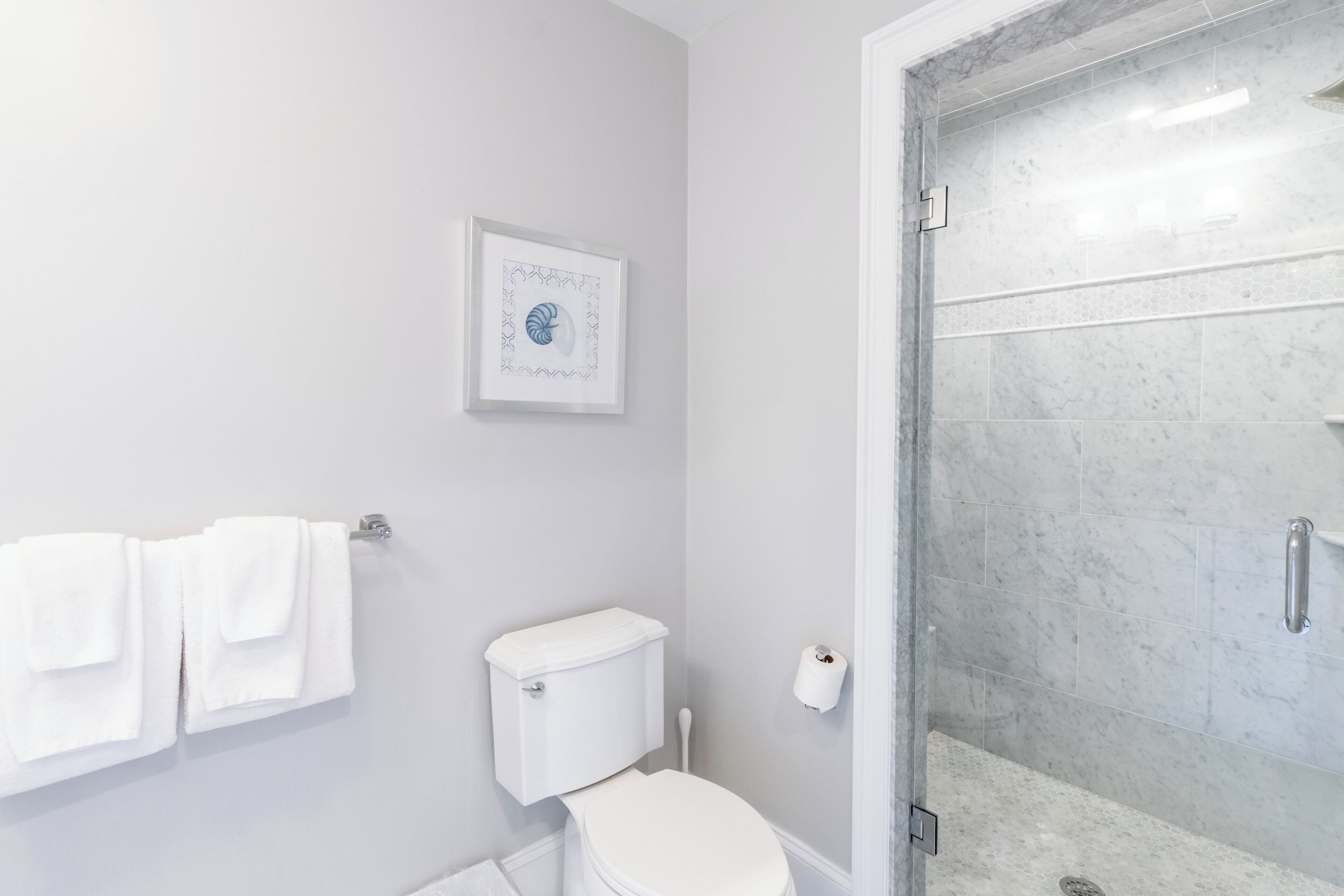 A bathroom with a toilet, a framed picture on the wall, and a shower area.