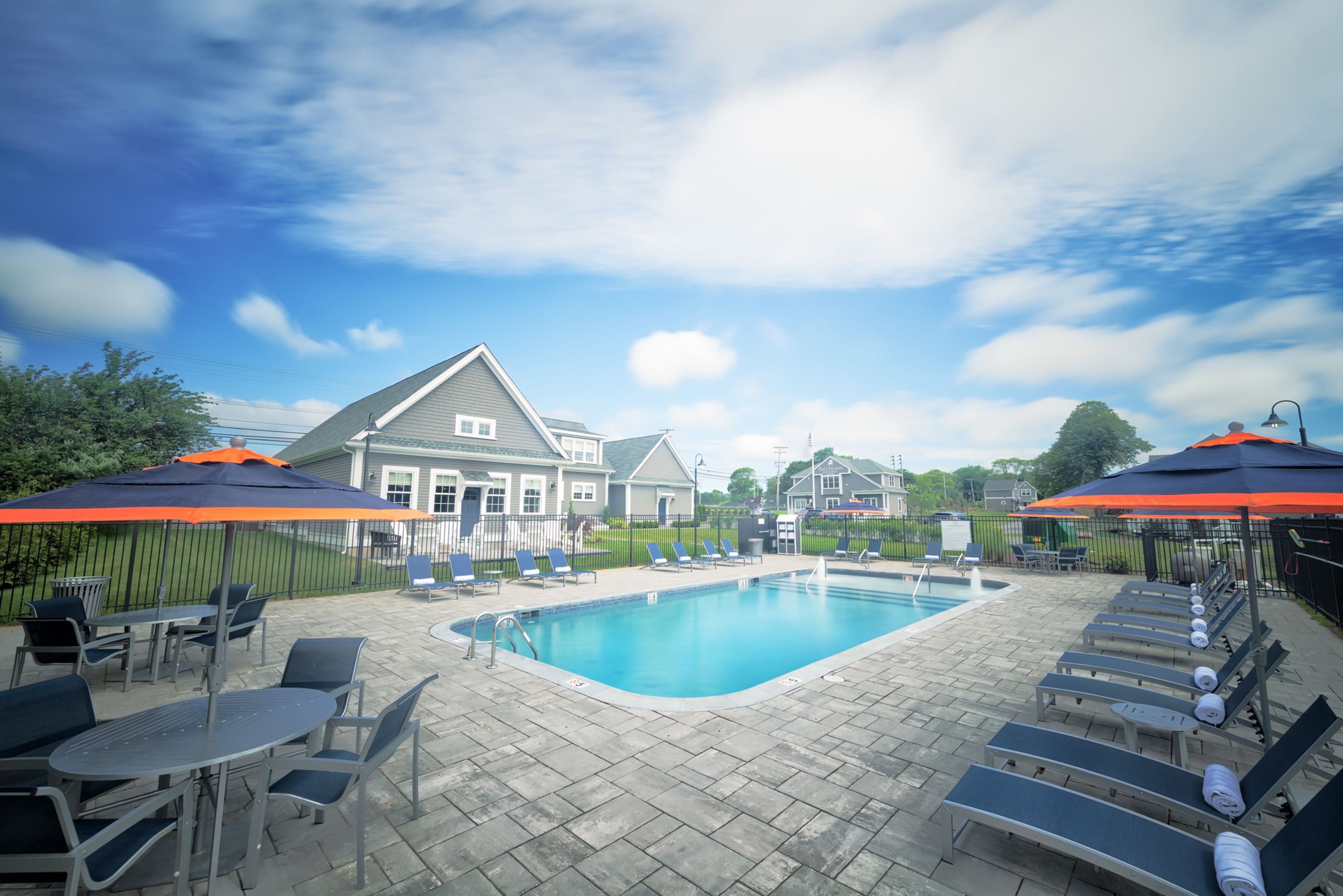 seasonal outdoor pool, pool umbrellas, pool loungers