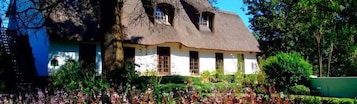 A traditional house with a thatched roof, multiple windows, and a garden with various plants.