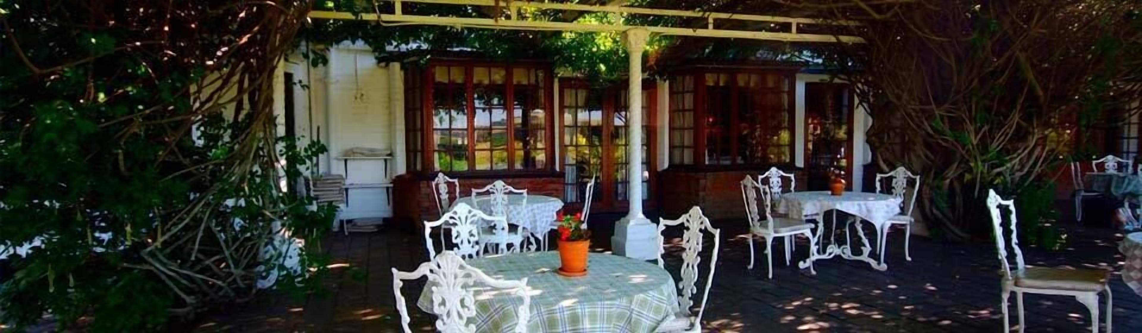 An outdoor seating area with white metal chairs and tables, surrounded by greenery and covered by a pergola.
