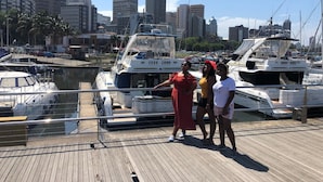 A marina with several boats docked, a city skyline in the background, and a wooden dock.