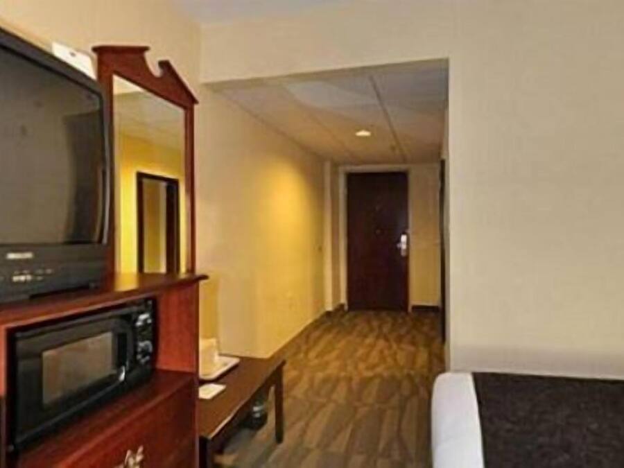 A hotel room with a bed, a television, a microwave, and a mirror.