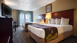 Habitación de hotel con dos camas, un escritorio, un televisor y una ventana con cortinas.