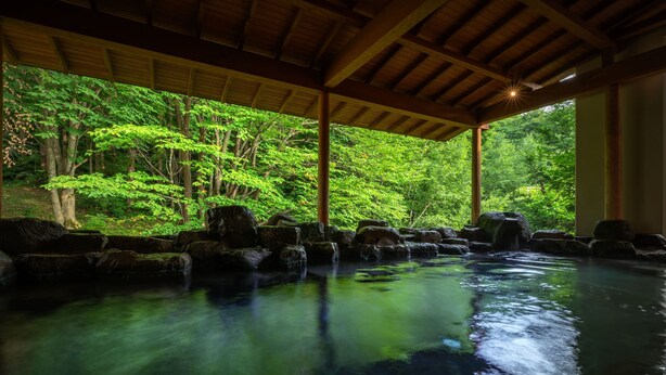 A tranquil indoor hot spring area with a wooden ceiling and a view of lush greenery outside. - Zao Onsen Zao Shiki No Hotel (Yamagata)