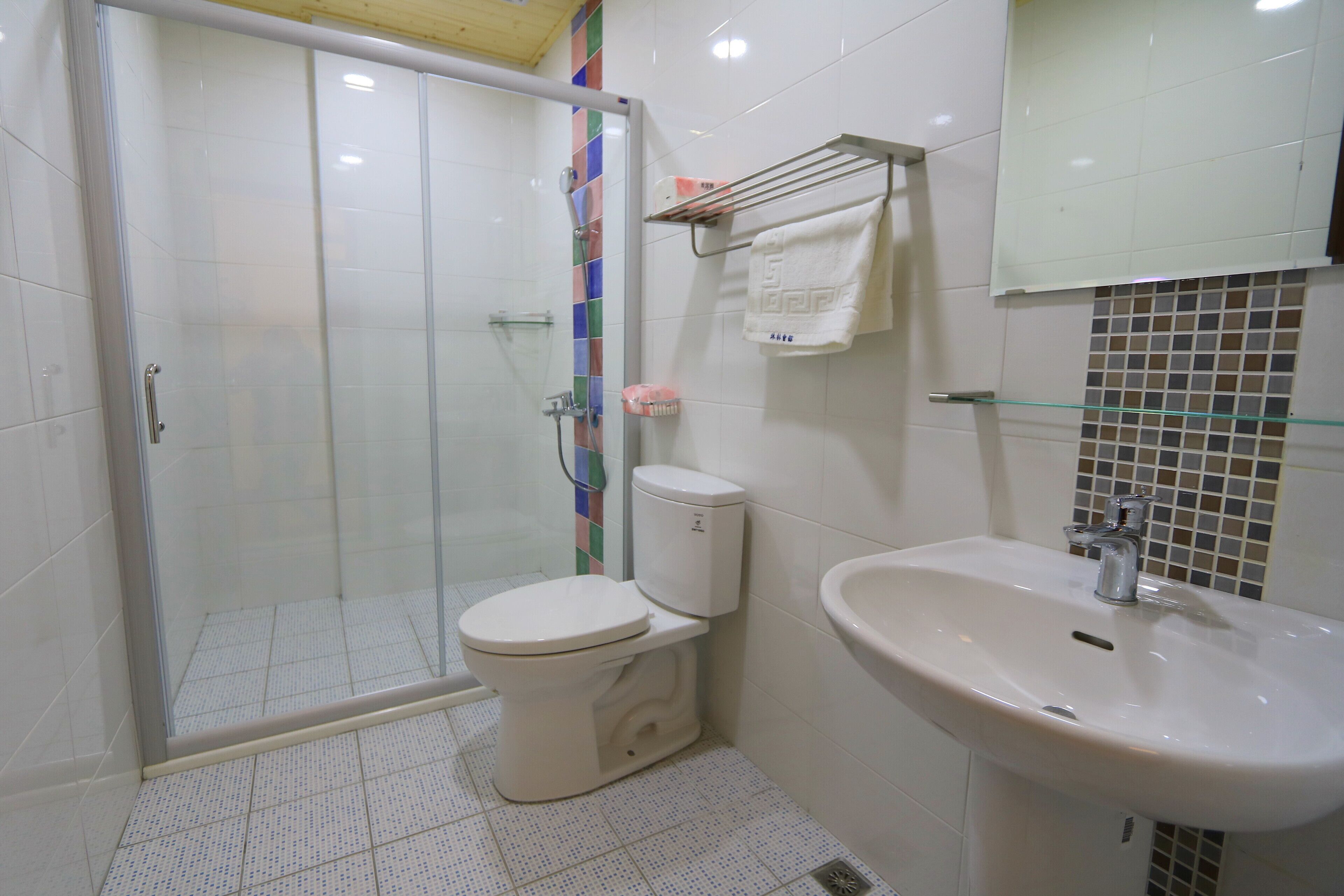 A bathroom with a glass-enclosed shower, a white toilet, and a sink with a mirror above it.
