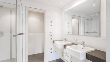 Shower, hair dryer, towels