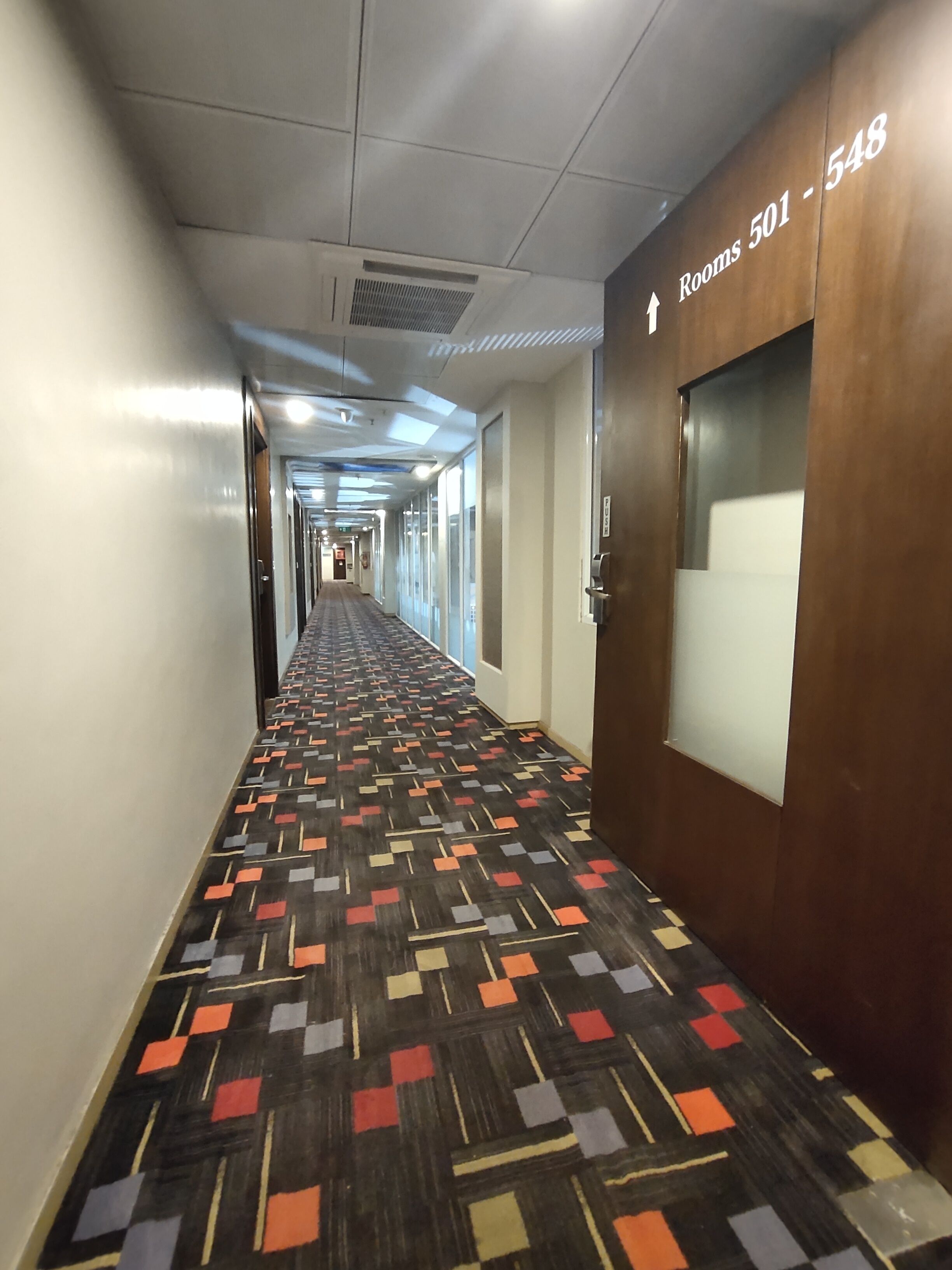 A hotel hallway with a patterned carpet, a wooden door with a sign indicating rooms 501-548, and a long corridor with doors on both sides.