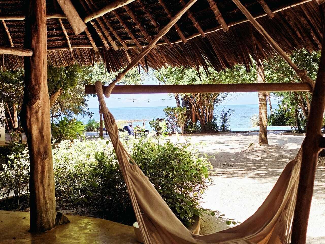 A hammock under a wooden structure with a view of the beach and ocean.