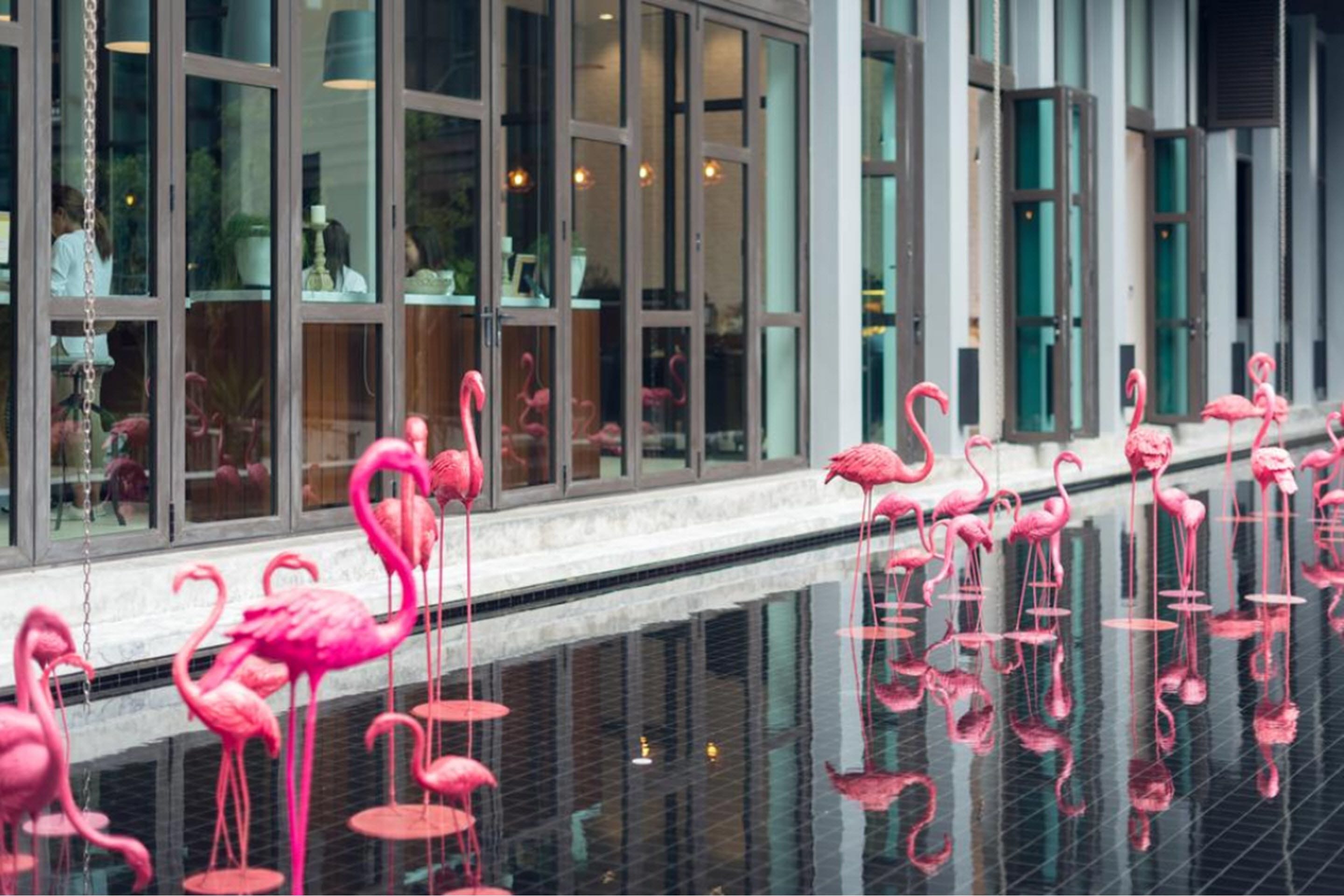 A building facade with large windows and pink flamingo statues on a reflective floor.