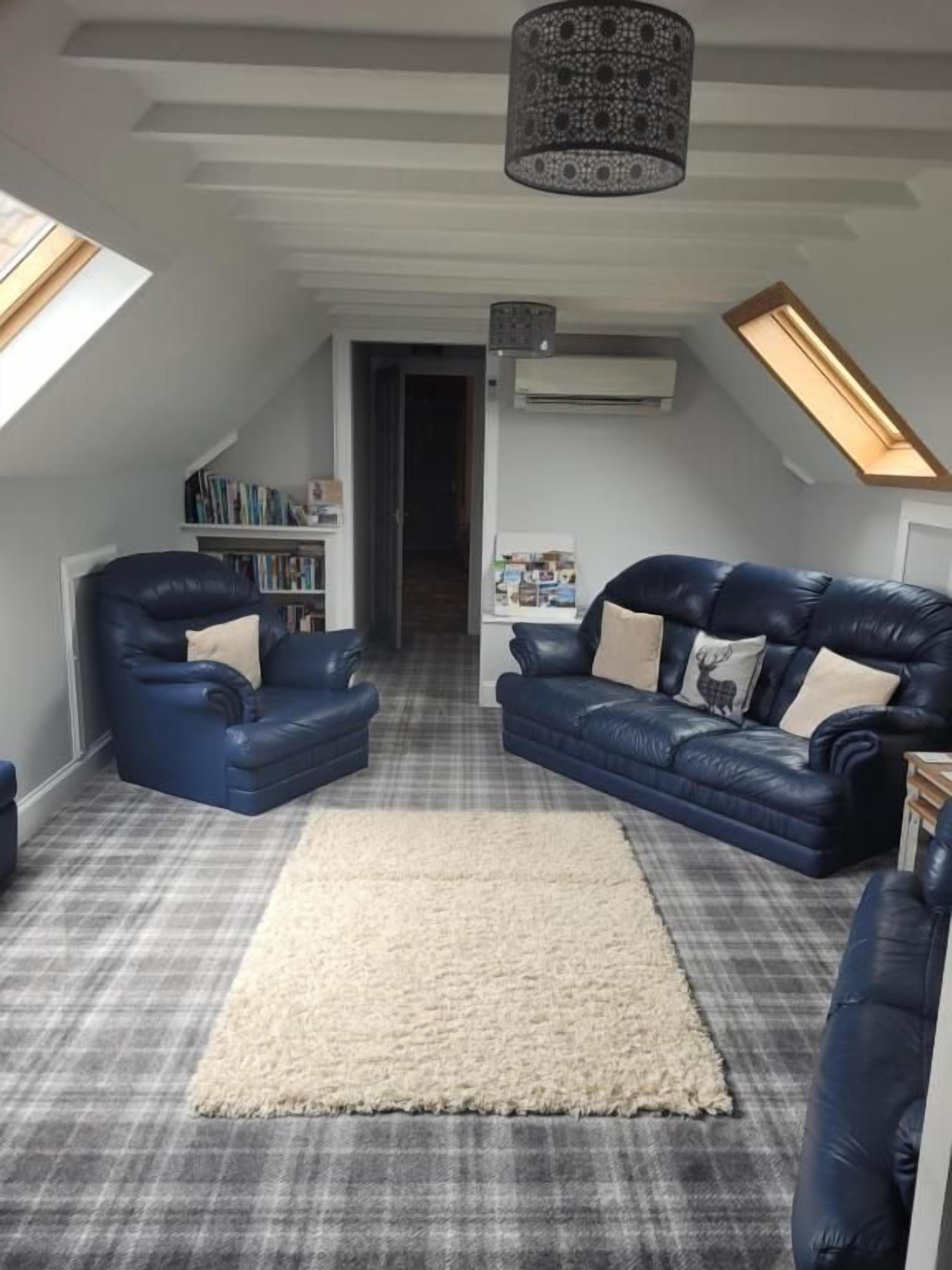 A loft-style room with a high ceiling, two leather sofas, a large rug, and skylights.