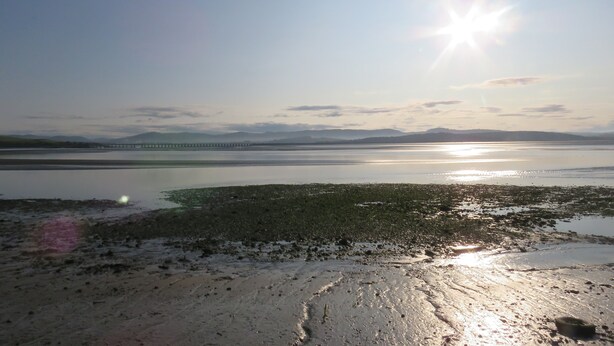 Une plage avec un ciel dégagé, une eau calme et des montagnes à l’horizon.
