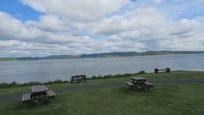 Un espace de pique-nique au bord du lac, équipé de bancs et de tables de pique-nique.