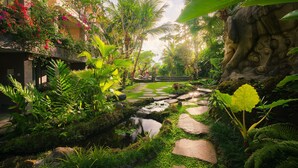 A lush garden with a stone pathway, a small stream, and tropical plants. - The Udaya Resorts and Spa (Ubud)