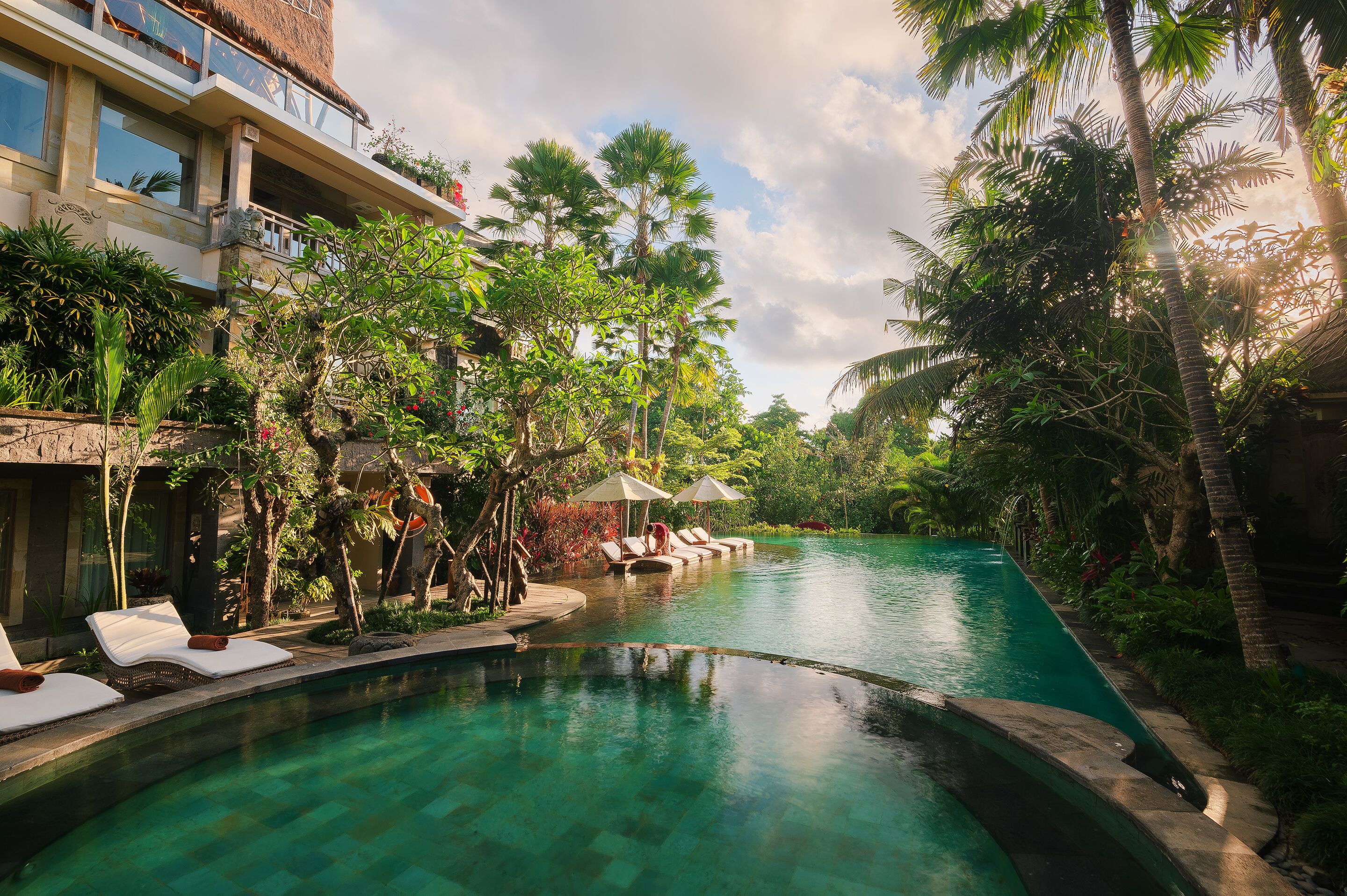 A pool area with lounge chairs and umbrellas, surrounded by lush greenery and palm trees.