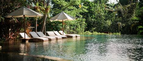 A serene pool area with lounge chairs and umbrellas, surrounded by lush greenery.